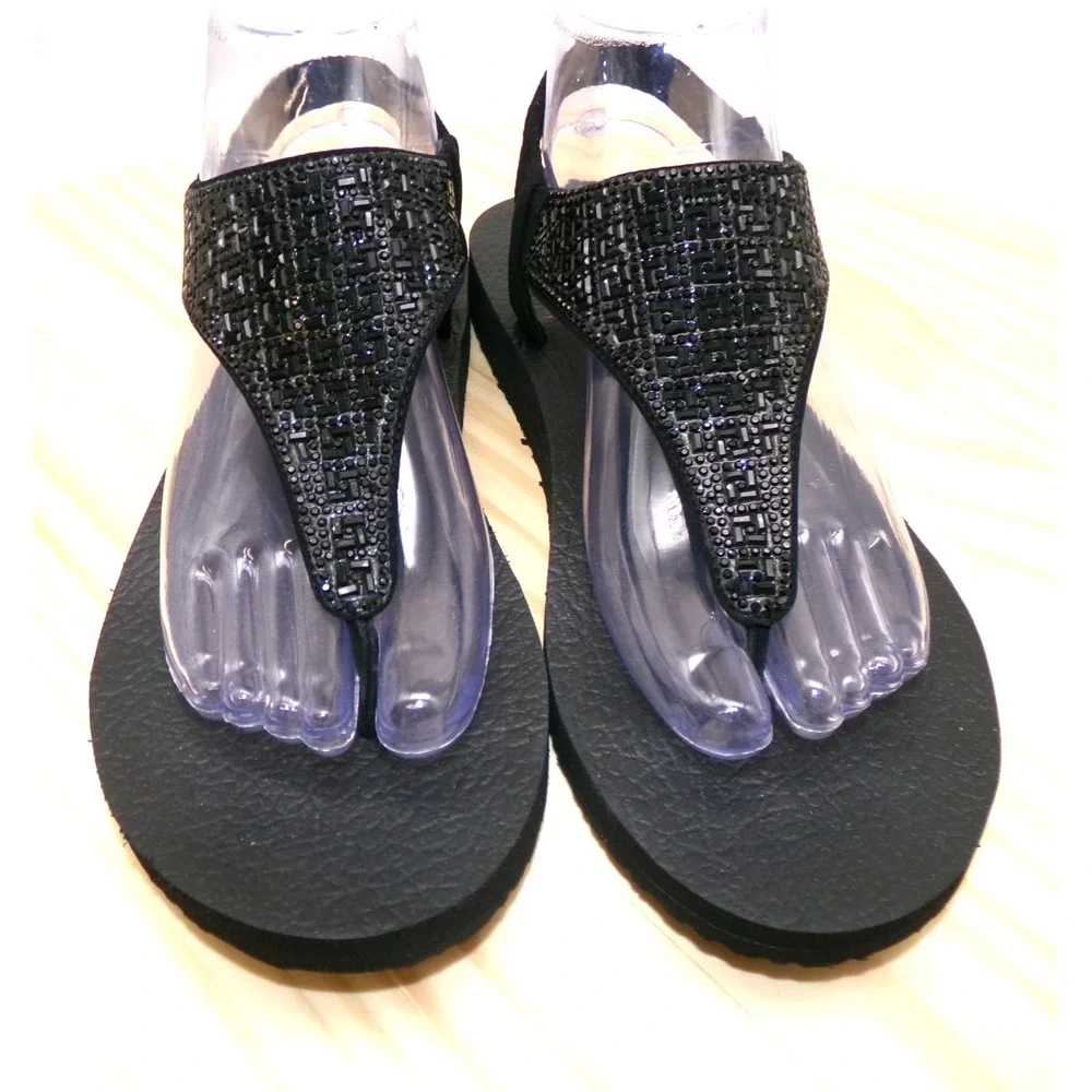 Cali Skechers Meditation Sweet Rock Thong Sandals Womens Black Size 9 Yoga NEW